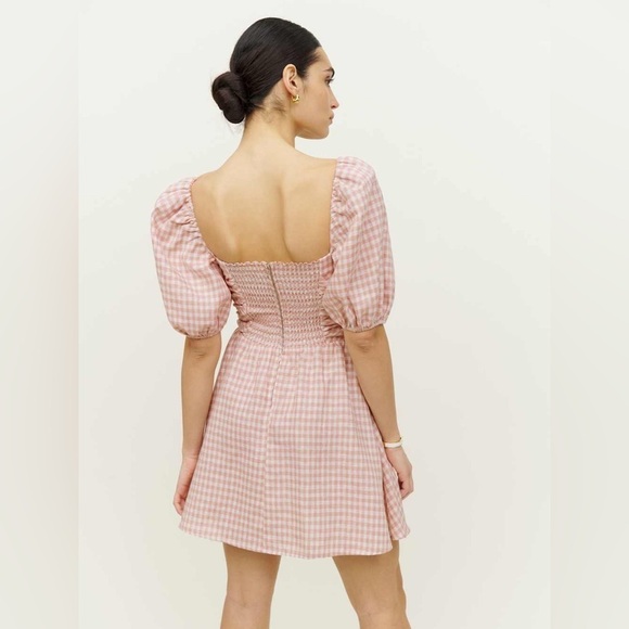 REFORMATION 100% Linen Pink Gingham Puff Sleeve Square Neck Zula Mini Dress NWT - Picture 5 of 8
